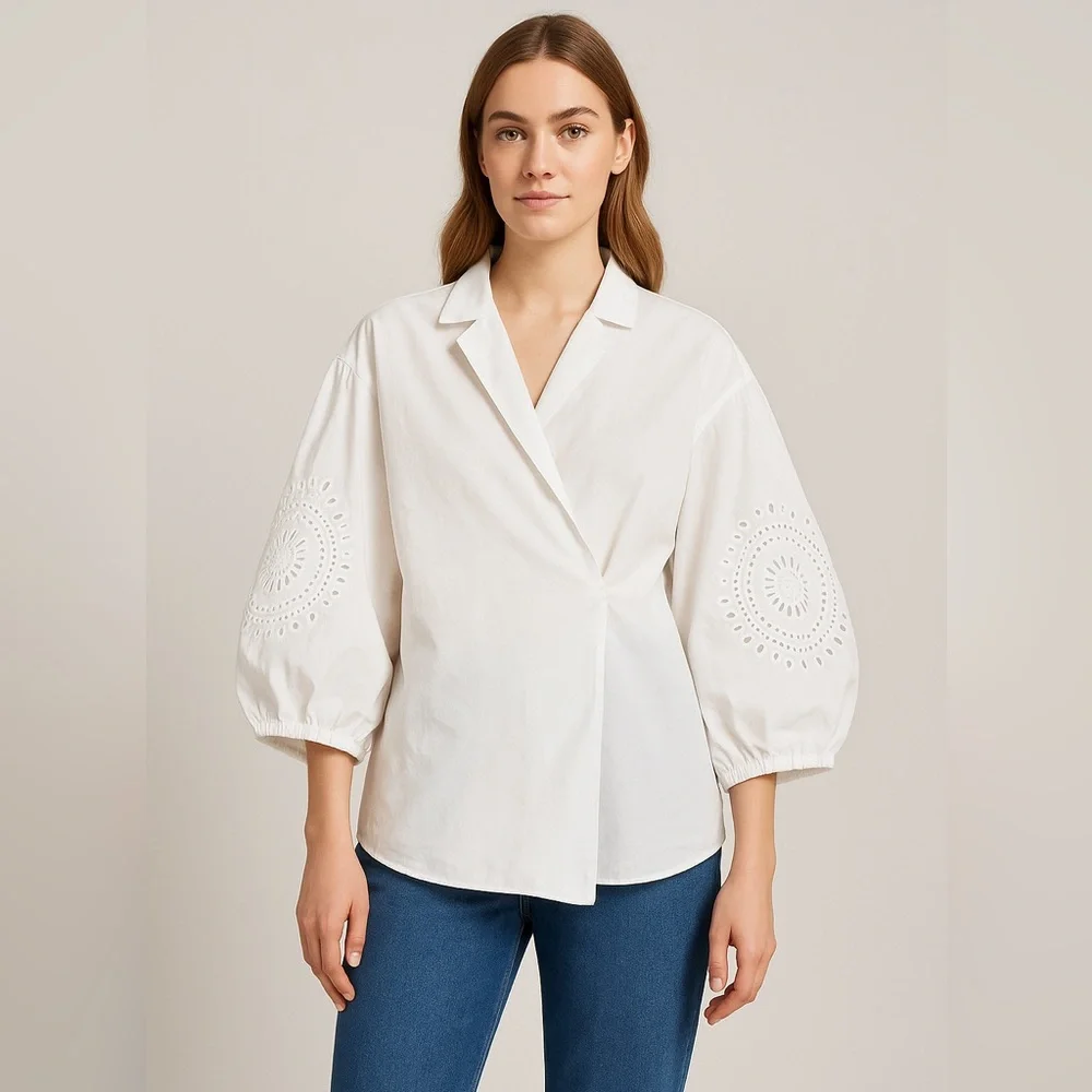 Weekend MaxMara Oversized V Neck Eyelet Wrap Puff Sleeve Blouse Top - Picture 2 of 11